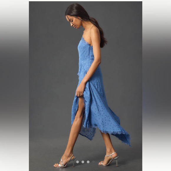 NWT Anthropologie Asymmetrical Lace Blue Maxi Dress Size 16 - Picture 5 of 15